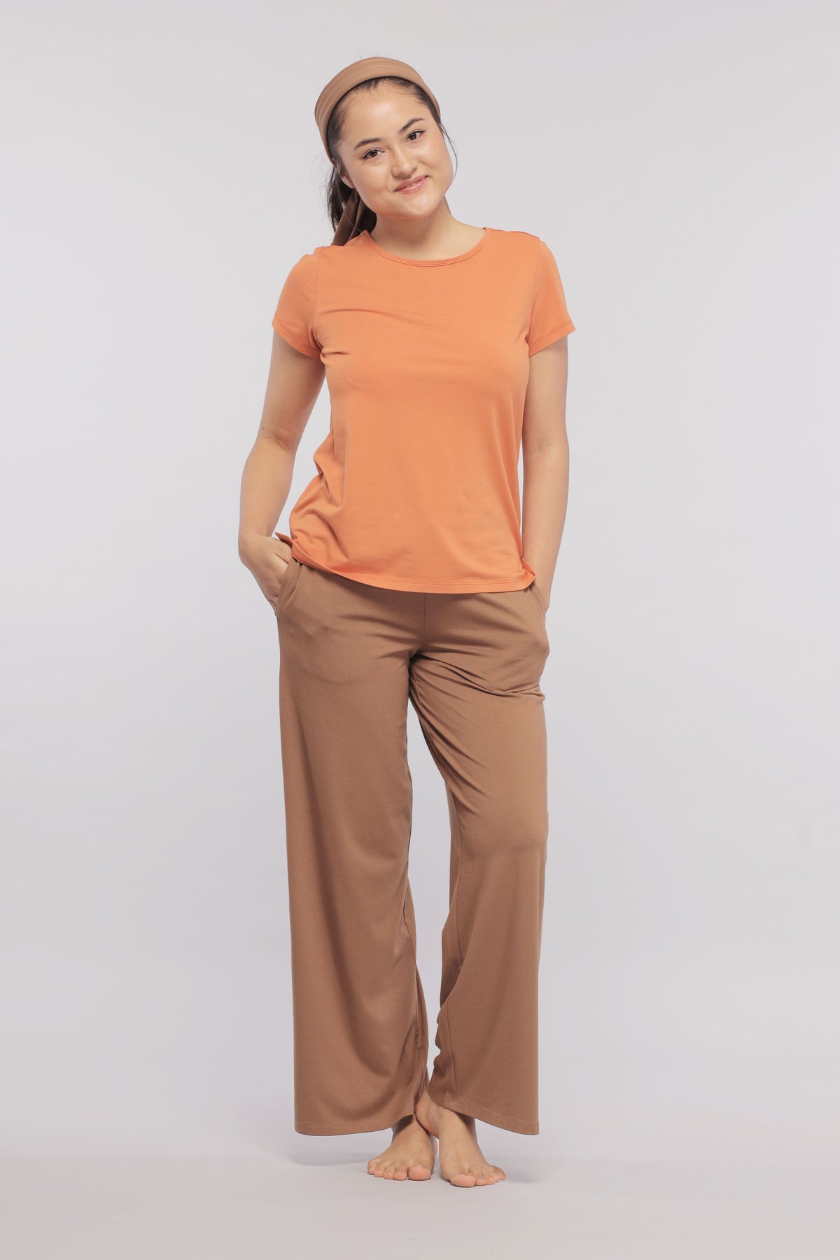 Home Brown Flared Supima® Lounge Pant styled with a casual tee.
