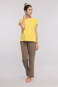 Sunny Lime Supima® Lounge Set featuring yellow top and brown pants.