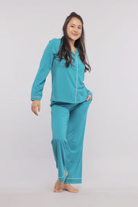 Teal full sleeve button-down pajama set for comfort and style.