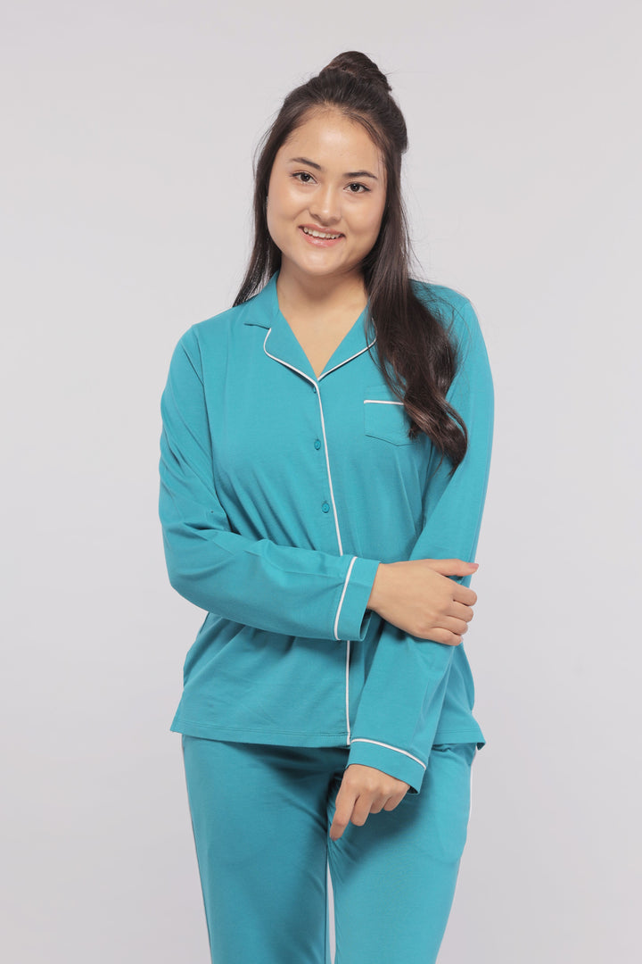 Teal full sleeve button down tee with white piping design.