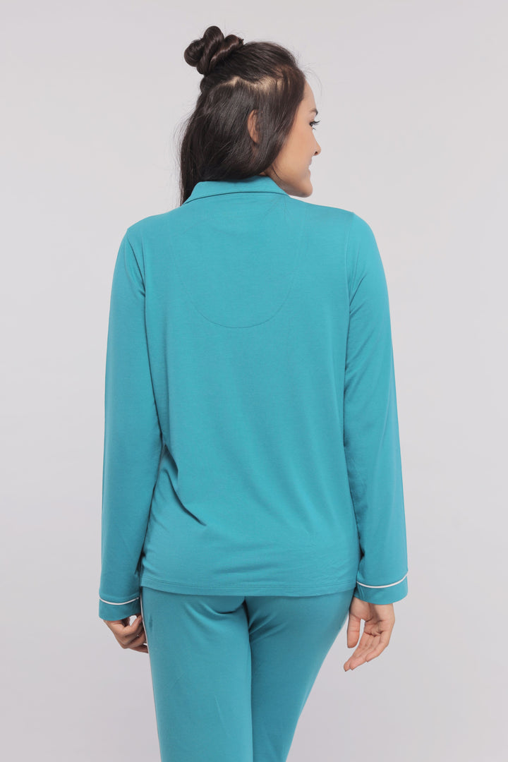 Teal full sleeve button-down pajama set for comfortable nights.