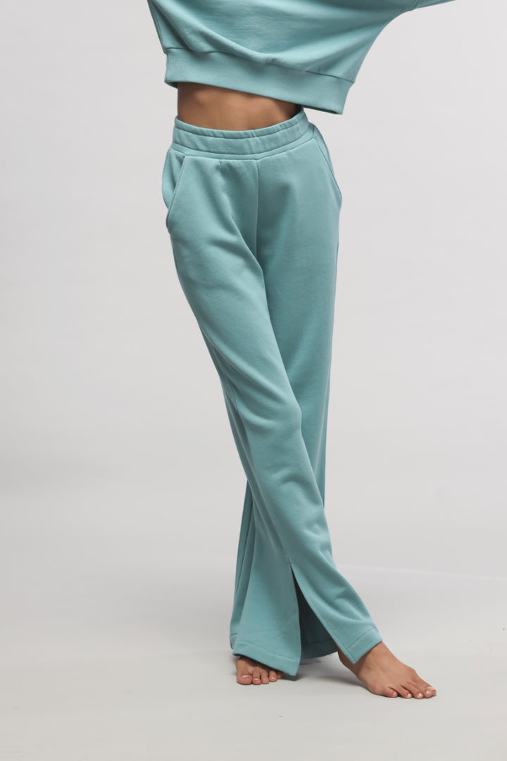 Aqua blue Bonjour Terry Co-ord Set featuring stylish cropped top and pants.