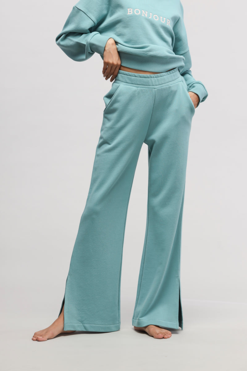 Turquoise Bonjour Terry Co-ord Set with stylish side slits.