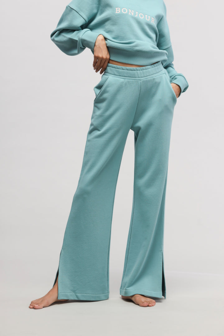 Turquoise Bonjour Terry Co-ord Set with stylish side slits.