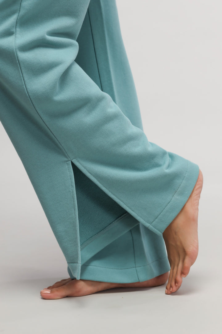 Close-up of legs in turquoise Bonjour Terry Co-ord Set.