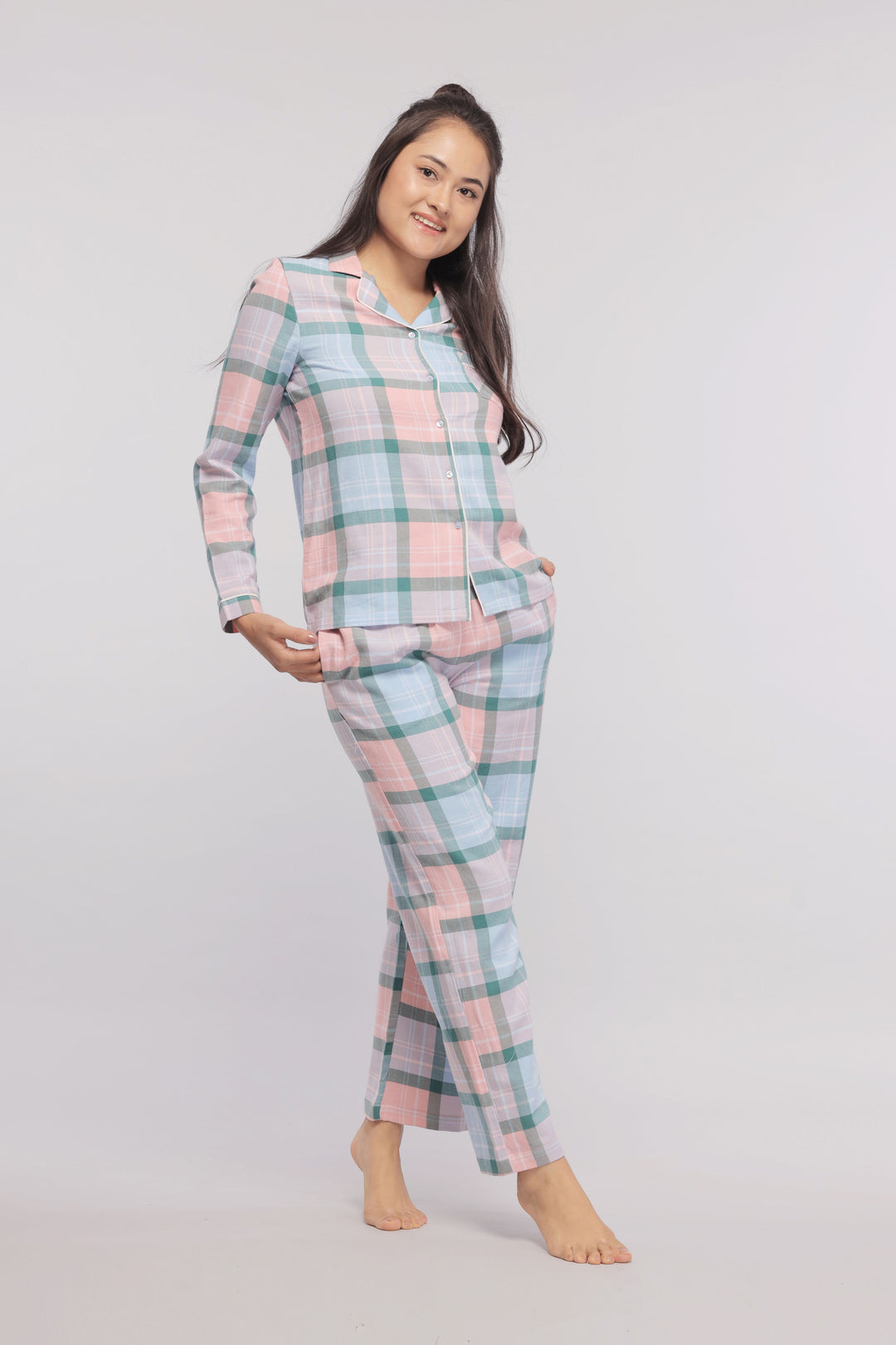 Plaid flannel pajama set for cozy and stylish sleepwear.