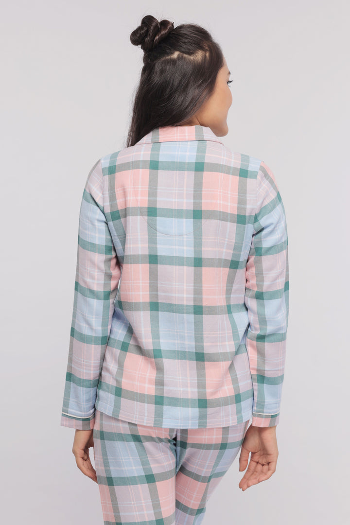 Plaid flannel pajama set in soft pastel colors, back view.