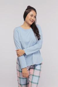 Long sleeve blue cotton sleep top for women, stylish and comfortable.