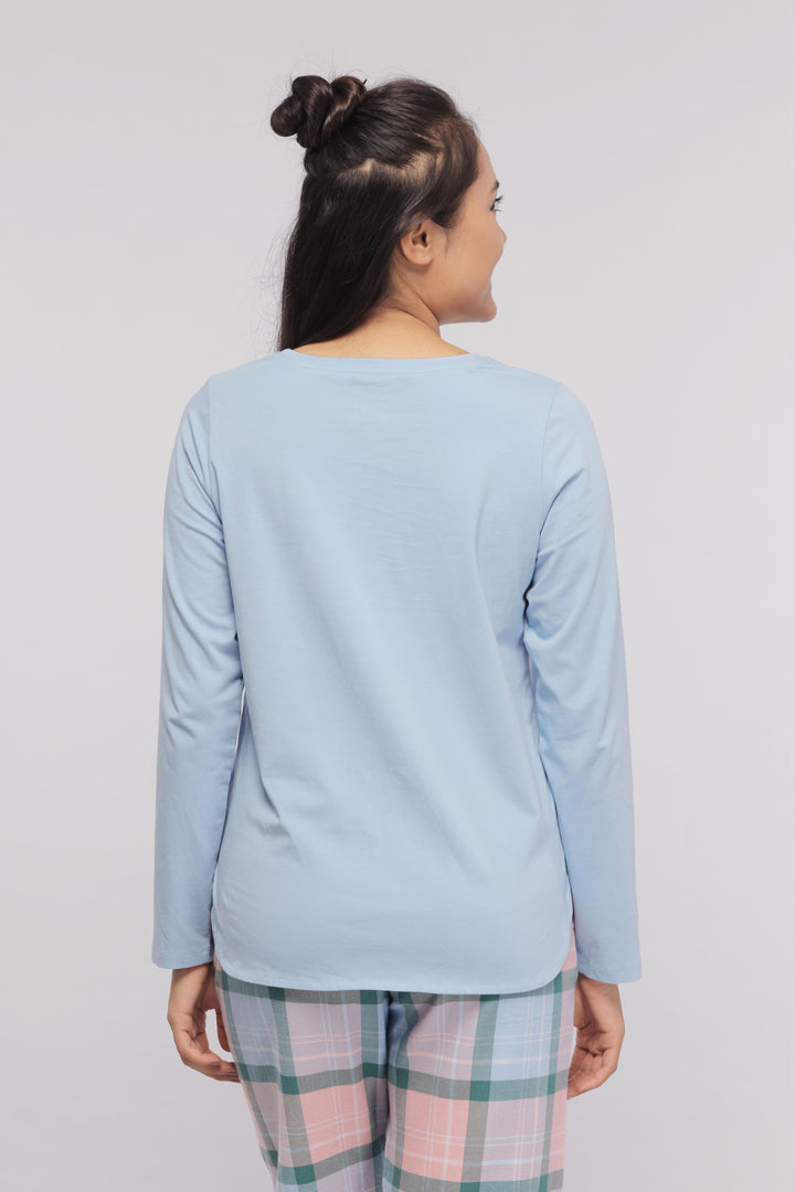 Long sleeve blue cotton sleep top, back view, stylish and comfortable.