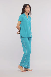 Teal half sleeve tee with white piping, stylish and comfortable.