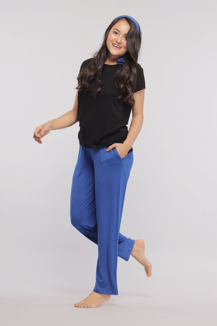 True Blue Straight Lounge Pant worn by model, stylish and comfortable look.