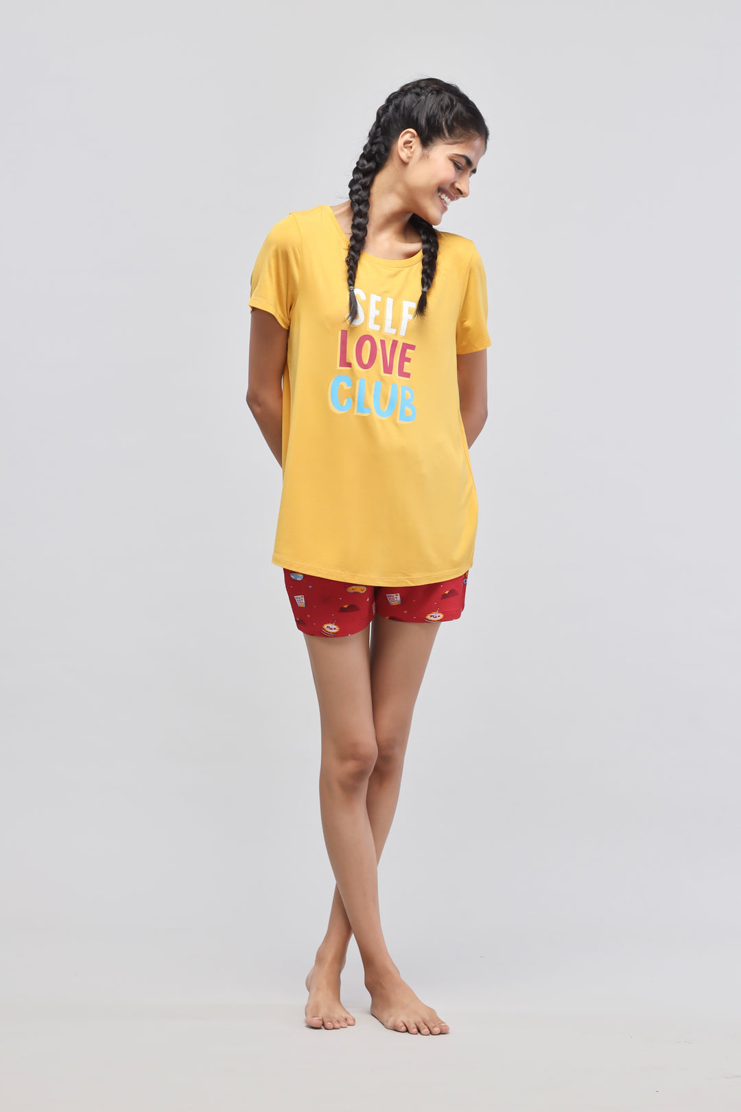 Self Love Shorts Set with vibrant colors and cheerful design.