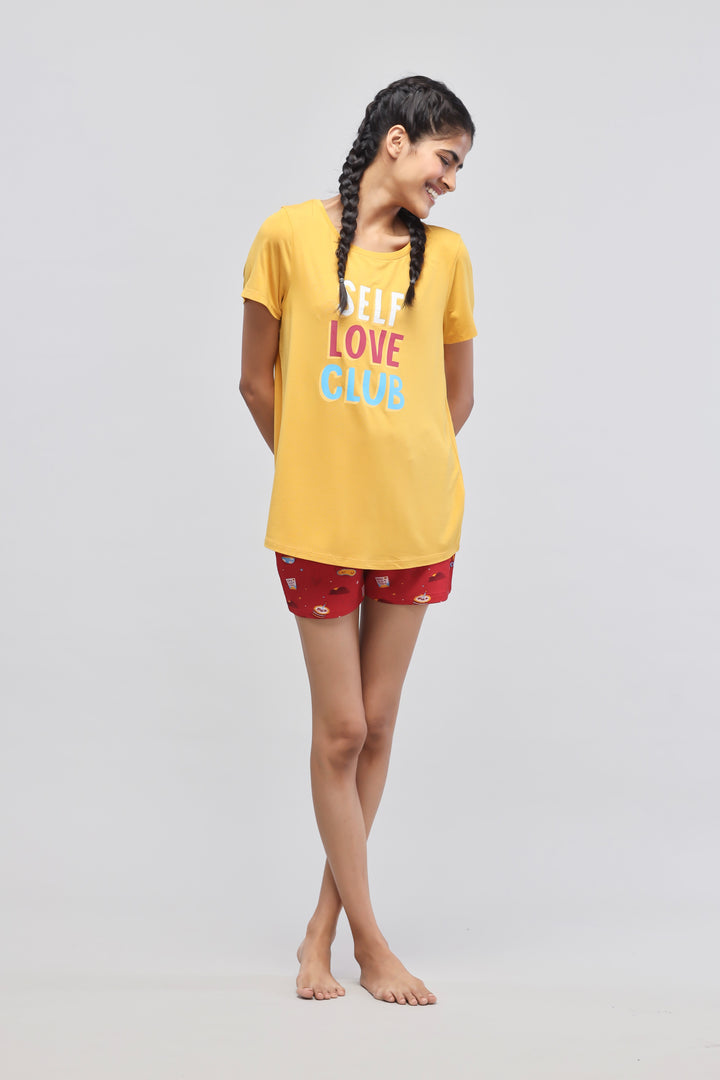 Self Love Shorts Set with vibrant colors and cheerful design.