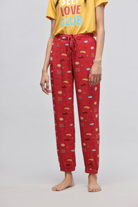 Self Love Cuffed Pajamas in red with playful patterns and a cozy fit.