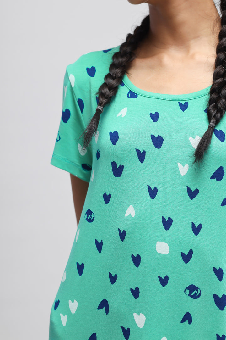 Heartsy Short Dress with playful heart print design in vibrant colors.