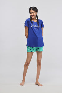 Snuggle is real blue shorts set for comfortable lounging.