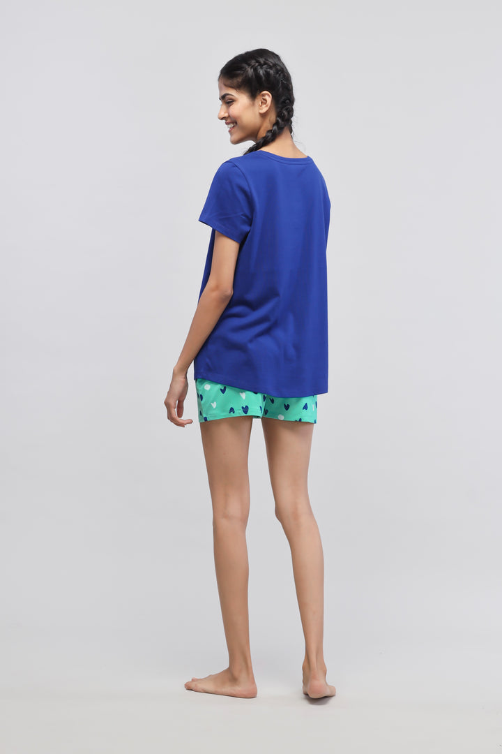 Blue shorts set for women, stylish and comfortable loungewear.