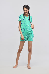 Heartsy Shorts Set in green with playful heart patterns.