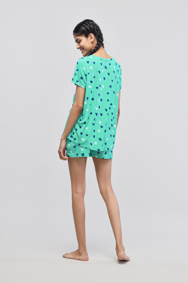 Heartsy Shorts Set in teal with heart patterns, casual and comfortable outfit.