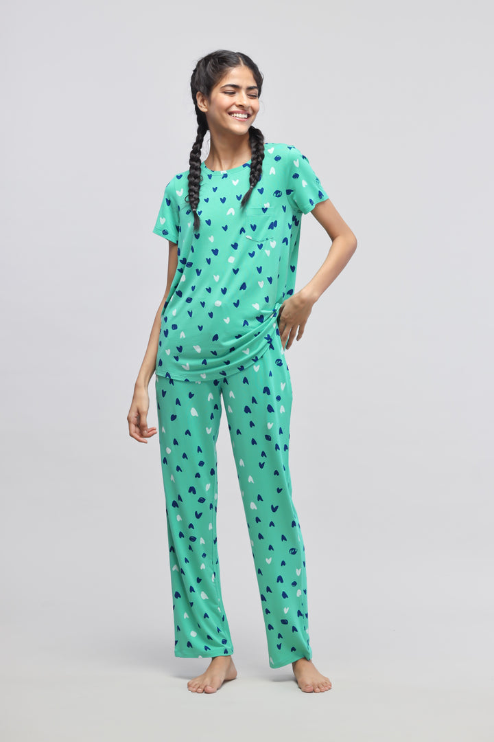 Heartsy Pajama Set in teal with heart patterns, perfect for comfortable sleepwear.