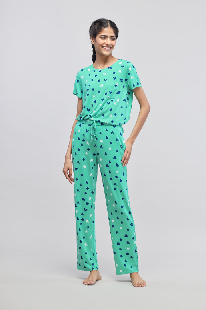 Heartsy Pajama Set in mint green with heart print design.