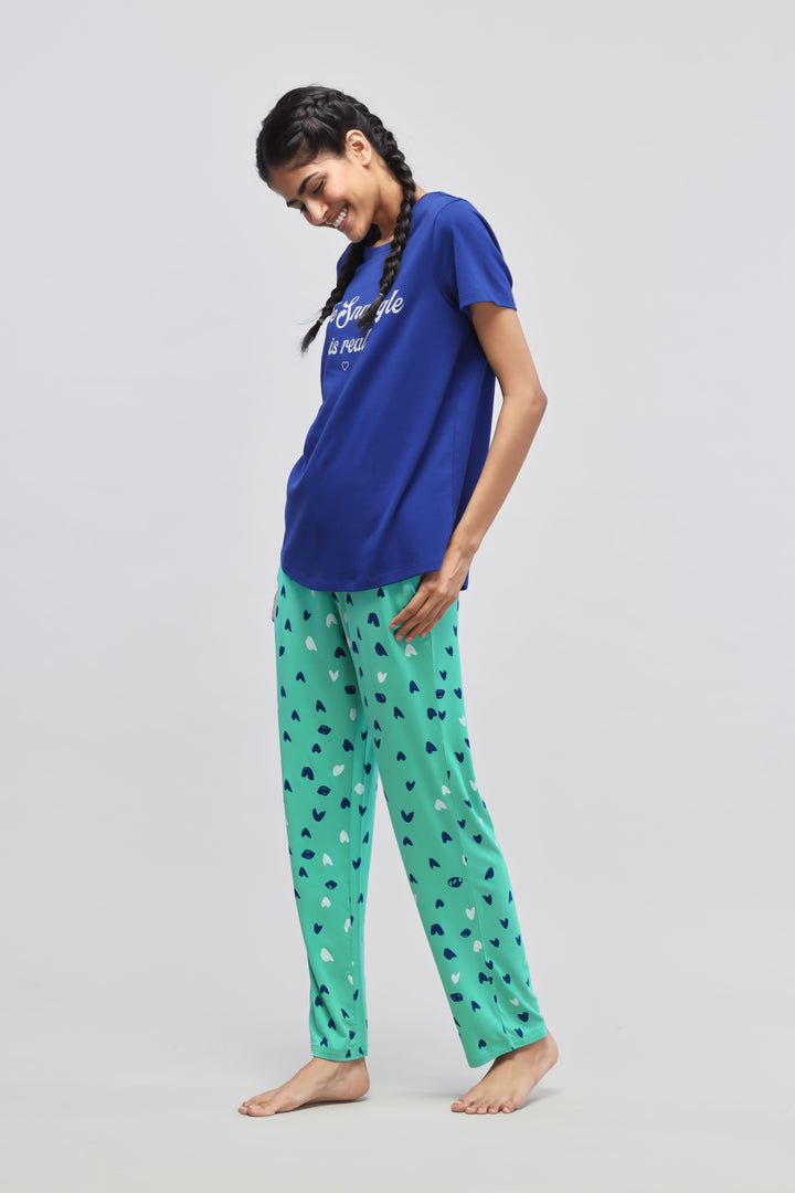 Blue pajama set with heart print for cozy nights.