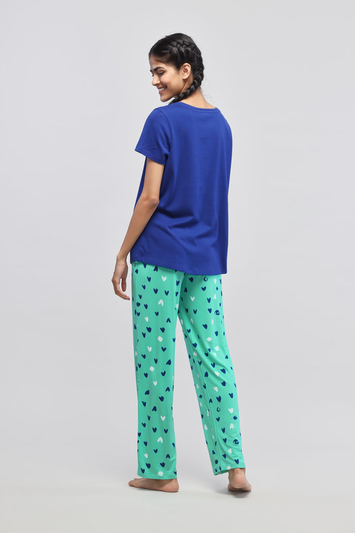 Blue Pajama Set with heart-patterned bottoms, perfect for cozy nights.