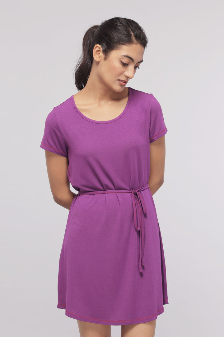 Breezy purple sleep dress with belt, perfect for lounging.
