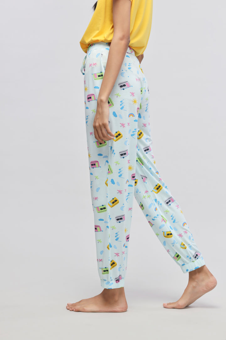 Voyager Cuffed Pajama with colorful camping-themed patterns for comfort.