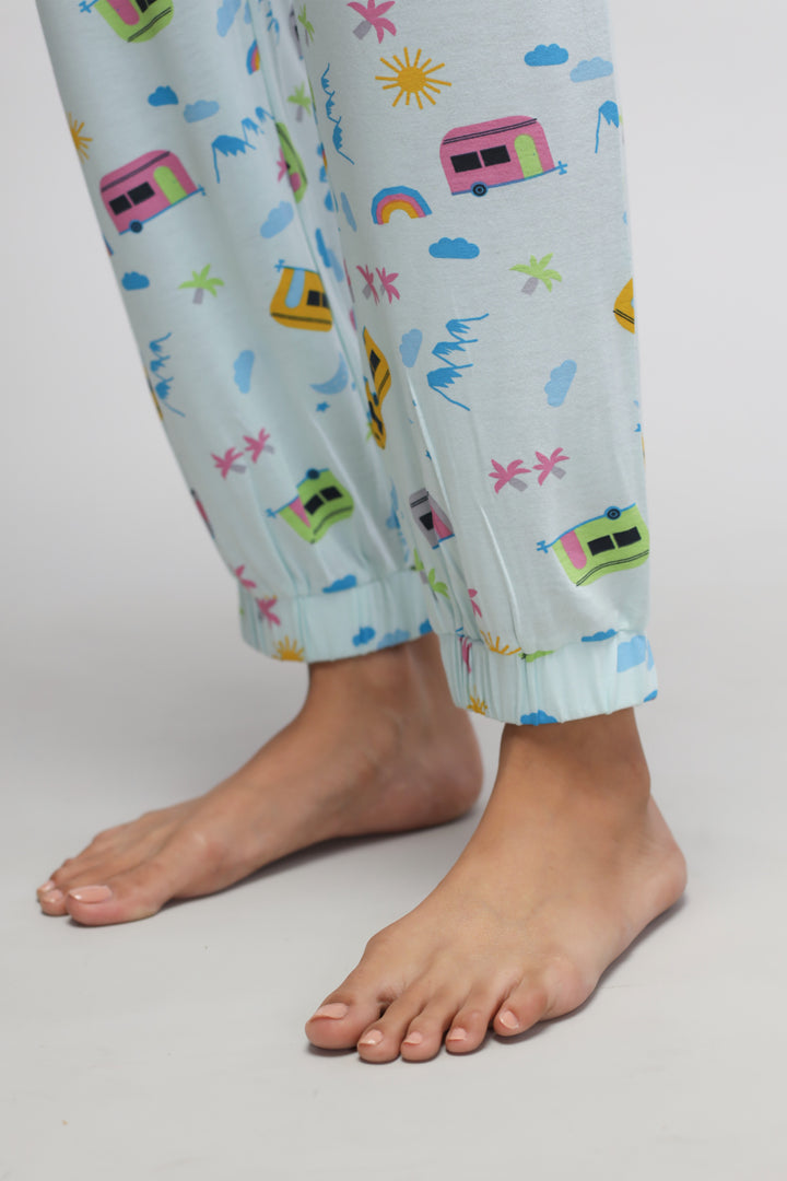 "Colorful Voyager Cuffed Pajama featuring playful camping graphics and soft fabric."