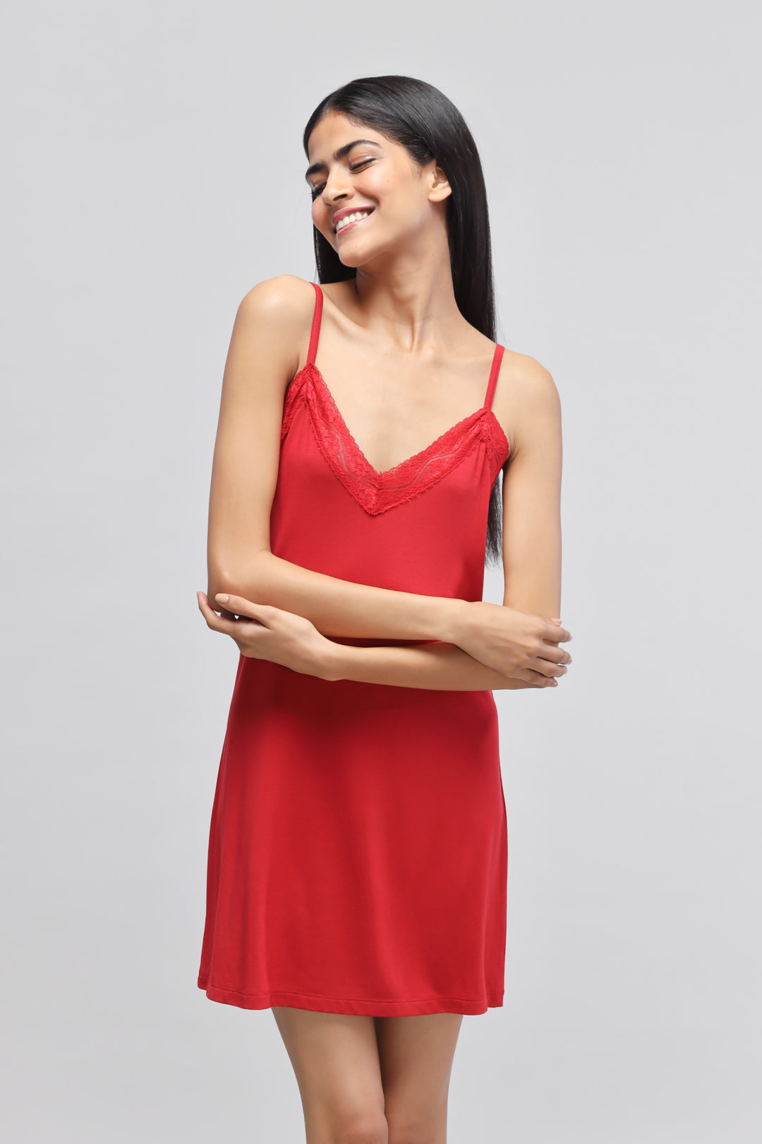 Cherry red lace short dress with spaghetti straps, perfect for summer.