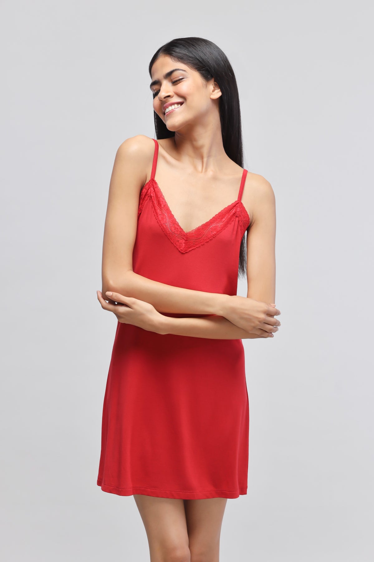 Cherry red lace short dress with spaghetti straps, perfect for summer.