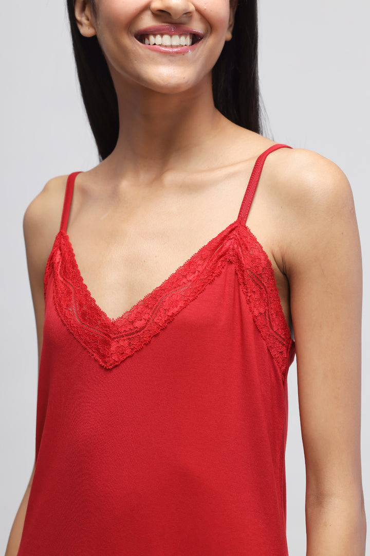 Cherry red lace short dress with elegant neckline detail.
