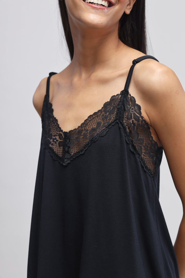 Delicate black lace shorts set with stylish tank top.