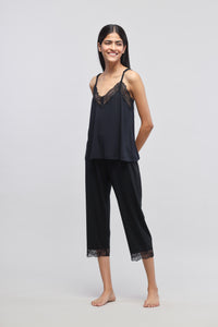 Delicate black lace tank top with matching loungewear pants.