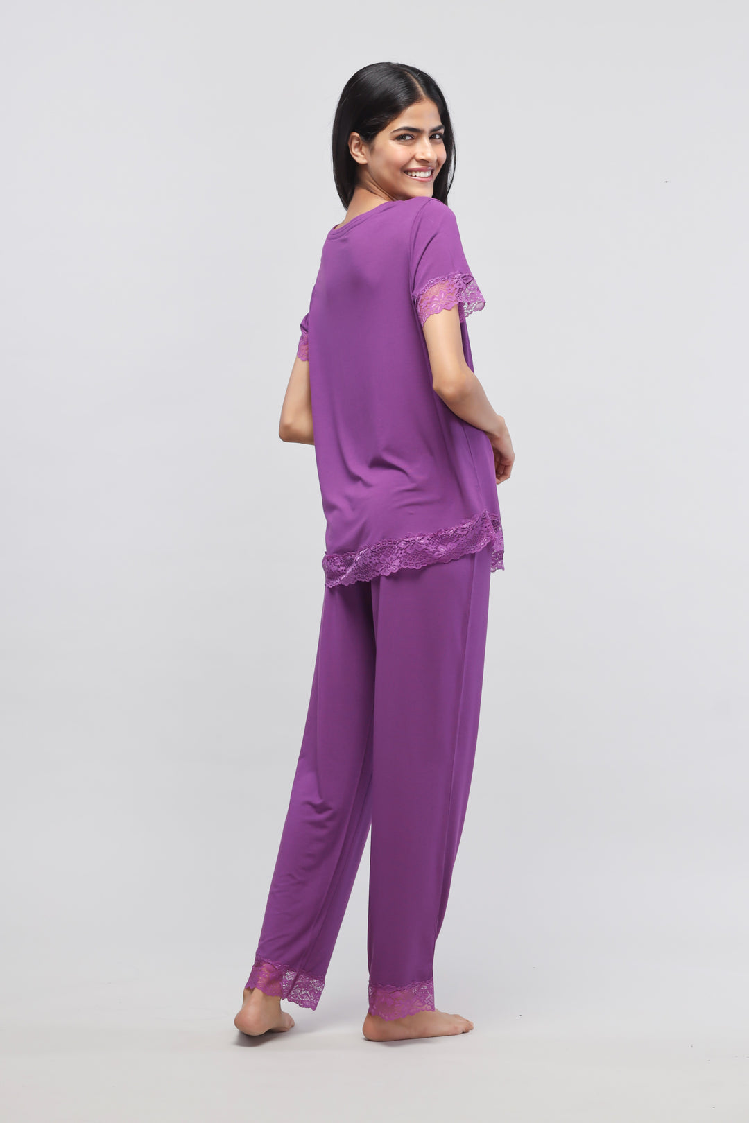 Dreamy purple lace pajama set, stylish and comfortable women's sleepwear.