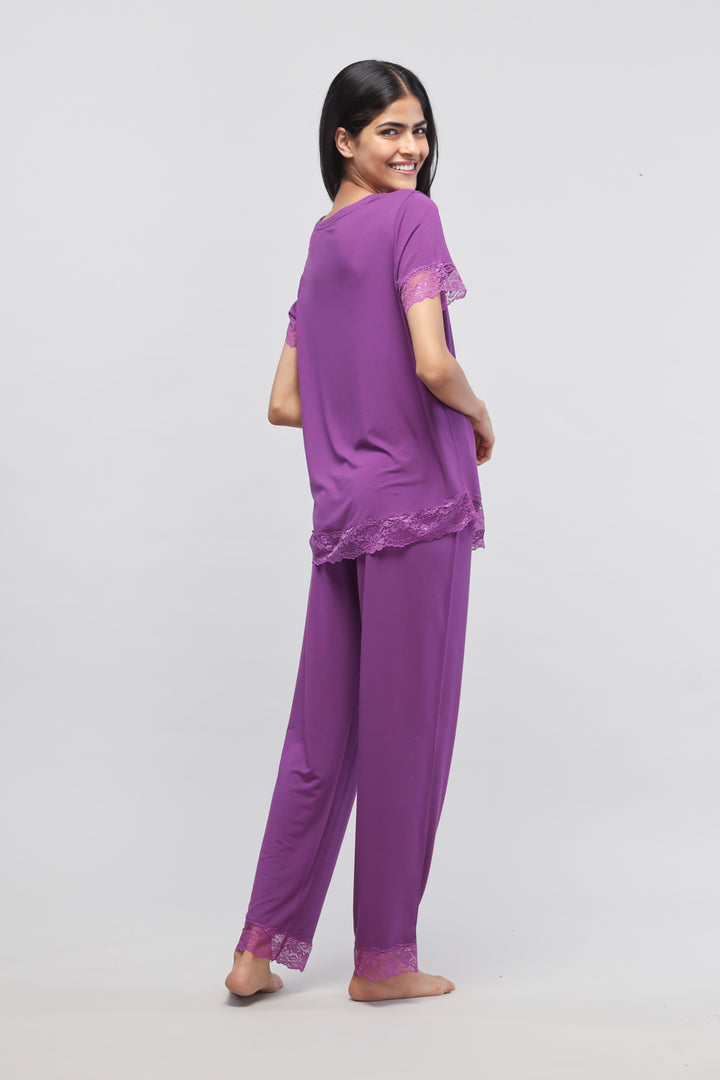 Dreamy purple lace pajama set, stylish and comfortable women's sleepwear.