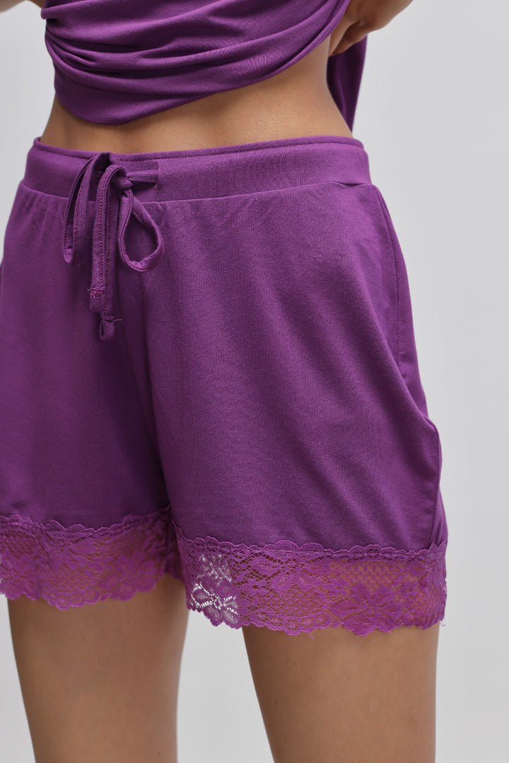 Dreamy purple lace shorts set with stylish lace trim.
