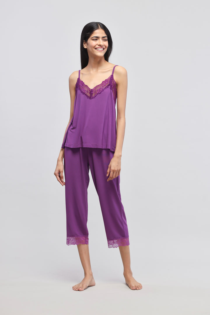Dreamy Purple Lace Capri Set features elegant lace detailing and comfortable fit.