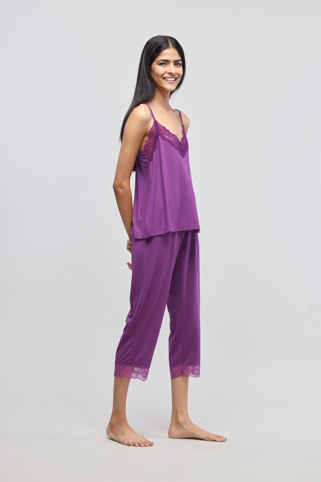 Dreamy purple lace capri set for stylish, comfortable loungewear.