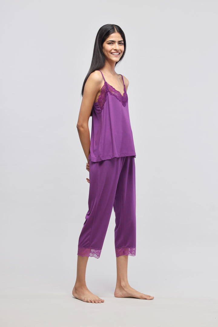 Dreamy purple lace capri set for stylish, comfortable loungewear.
