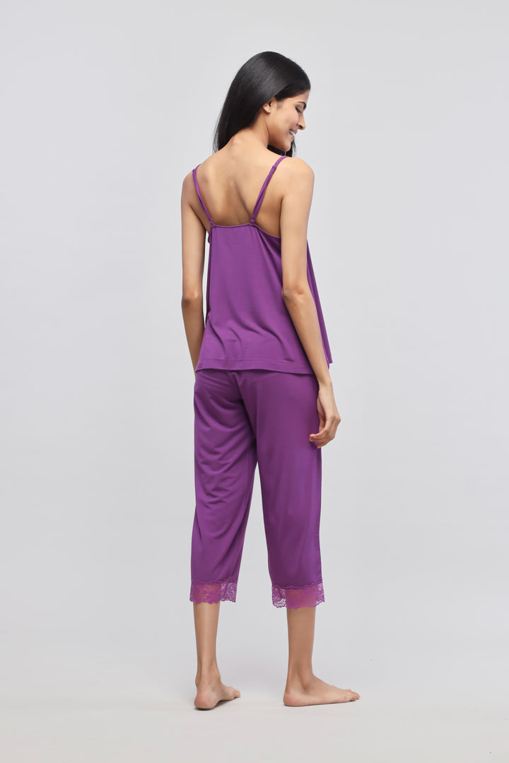Dreamy purple lace capri set for stylish and comfortable lounging.