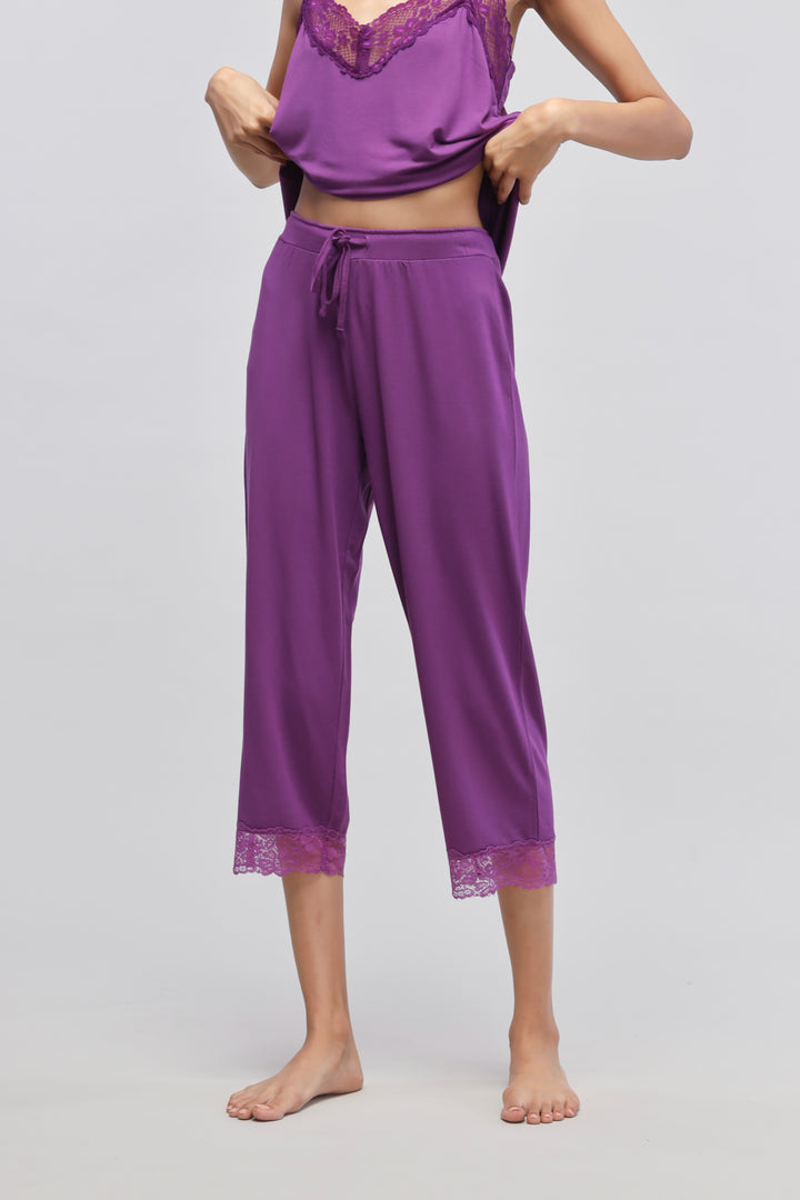 Dreamy purple lace capri set featuring elegant lace trim and comfortable design.