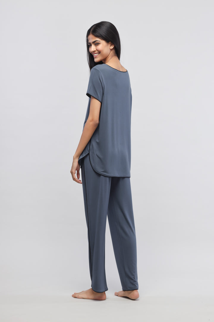 Deep Blue Piping Pajama Set, comfortable and stylish loungewear for relaxation.