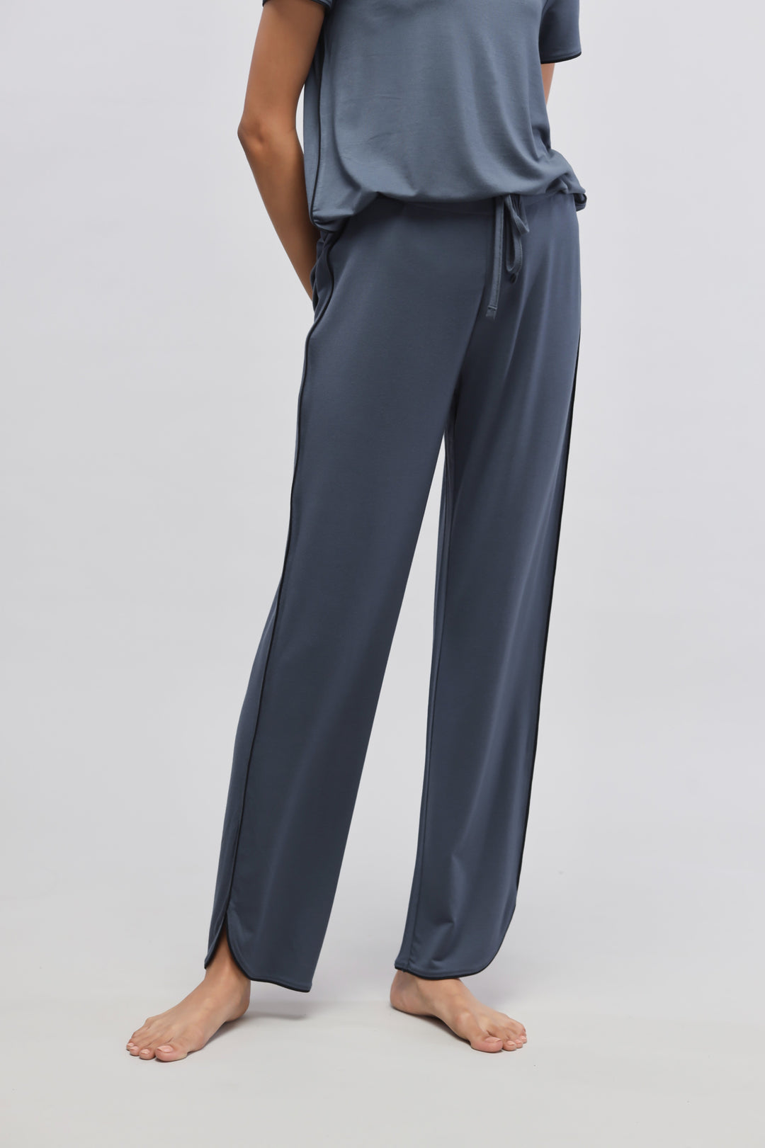 Deep Blue Piping Pajama Set in soft, stylish fabric for ultimate comfort.