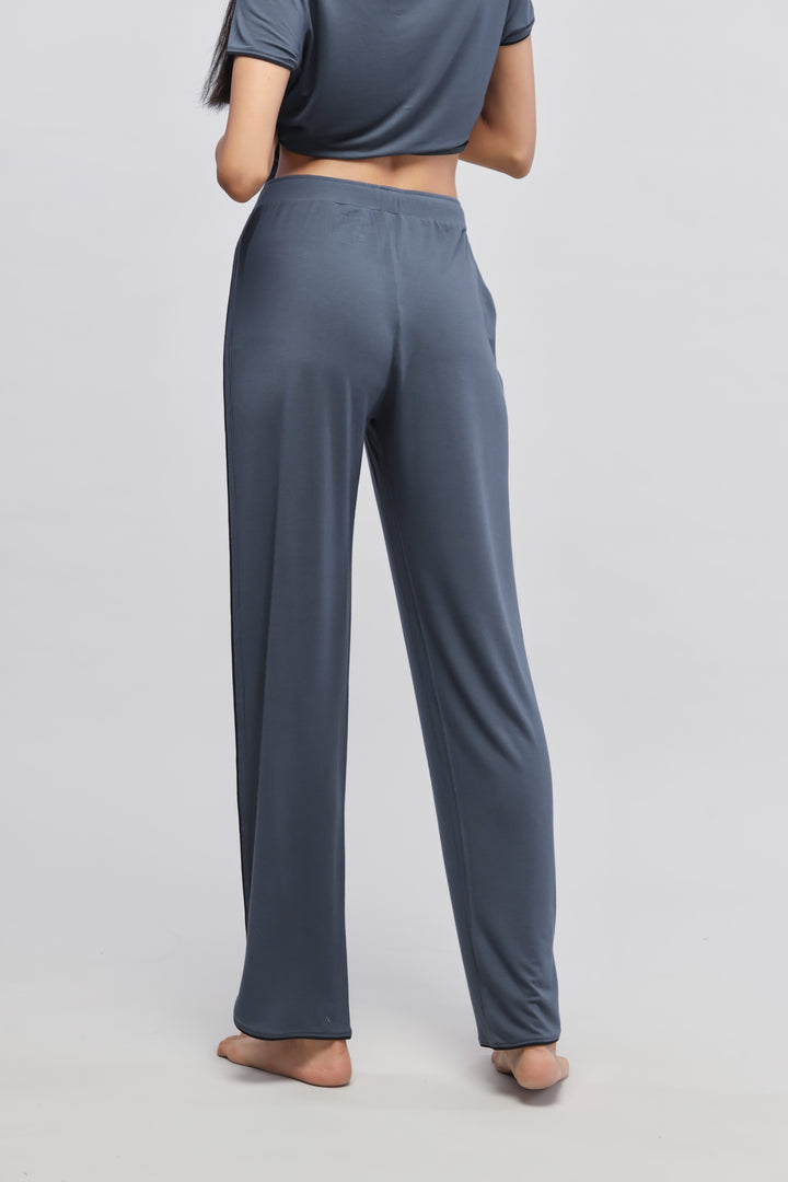 Deep Blue Piping Pajama Set with sleek, comfortable design for lounging.
