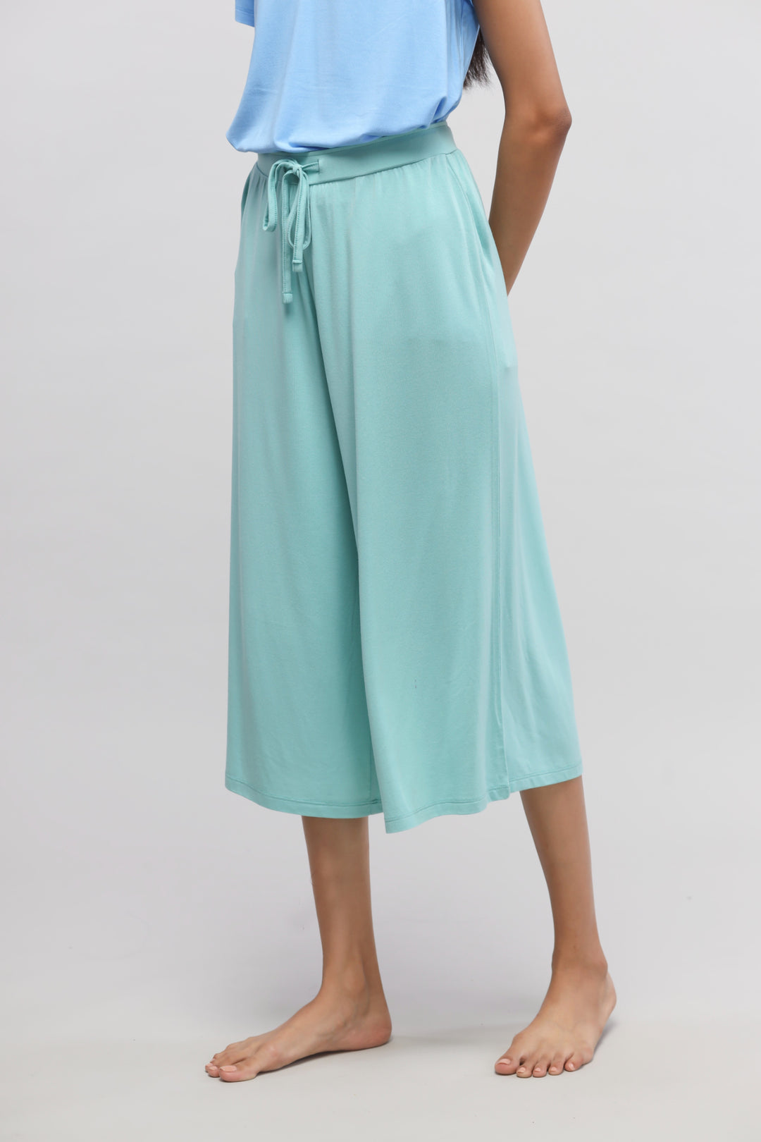 Aqua culotte set in soft fabric, perfect for casual wear.