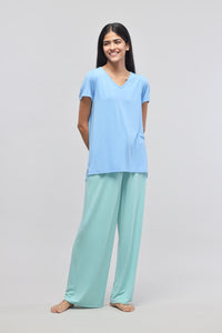 Aqua flared pajama set in light blue, perfect for comfortable lounging.