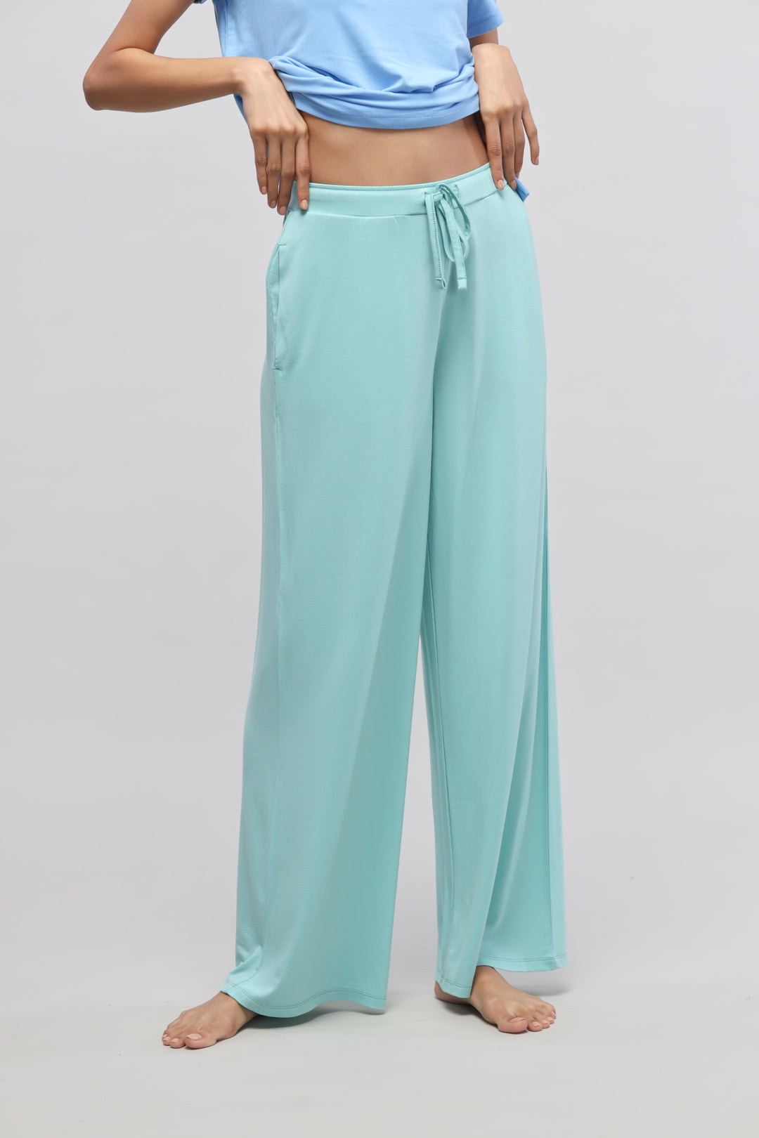 Aqua flared pajama set showcasing stylish design and comfortable fit.