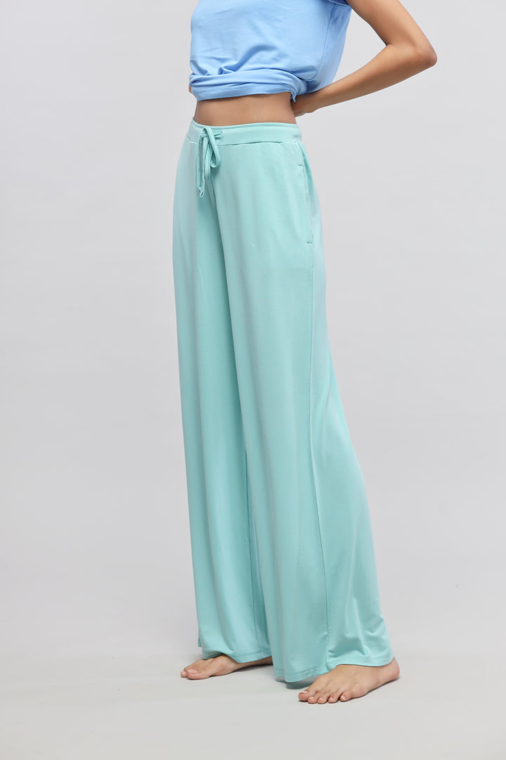 Aqua flared pajama set displayed on a model, stylish and comfortable.